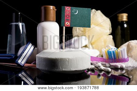 Turkmenistani Flag In The Soap With All The Products For The People Hygiene