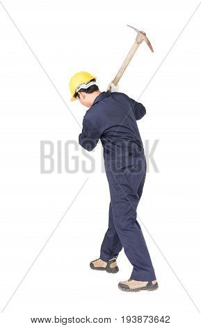 Man In Uniform Hold Old Pick Mattock That Is A Mining Device