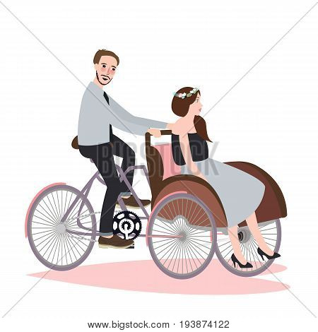 couple ride tricycle rickshaw together have fun for wedding becak vehicle vector