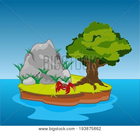 Small desert island with tree and stone in ocean
