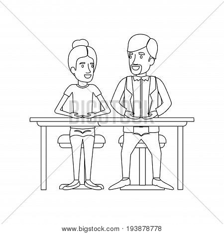 monochrome silhouette of teamwork of woman and man sitting in desk and her with collected hair and him in casual clothes with van dyke beard vector illustration