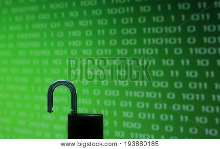 Unhacked safe from virus and ransomware. Unlock in front of Green binary computer code screen digital concept background on green Screen.