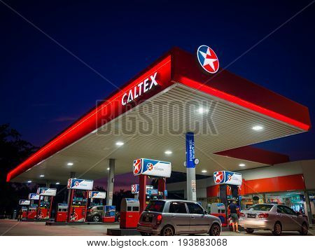 Kedah Malaysia - June 9 2017: Caltex gas station blue sky background during sunset. Caltex is a petroleum brand name of Chevron Corporation used in more than 60 countries.