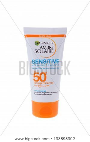 BURGAS, BULGARIA - MAY 22, 2017: Garnier Ambre Solaire Sensitive Face and Neck Sun Cream SPF50 50ml isolated on white, with clipping path.