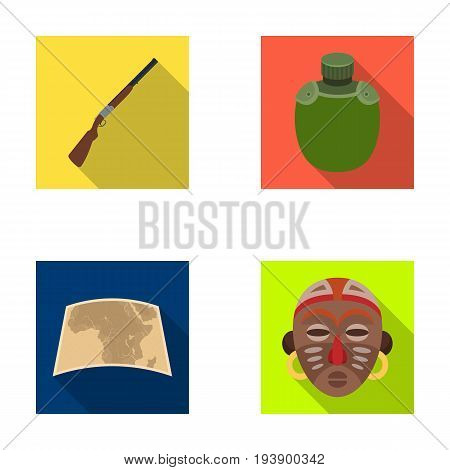 Hunting rifle, flask in the case, map, African mask. African safari set collection icons in flat style vector symbol stock illustration .