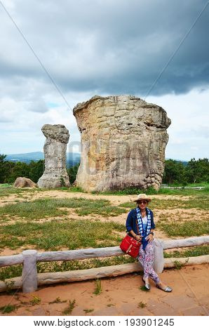 Thai Women People Travel And Posing Shooting Photo With Mor Hin Khao