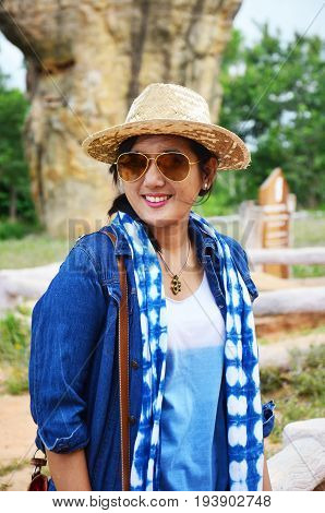 Thai Women People Travel And Posing Shooting Photo With Mor Hin Khao