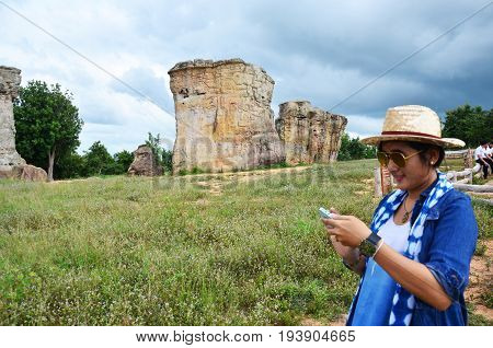 Thai Women People Travel And Posing Shooting Photo With Mor Hin Khao