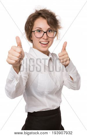 Girl in white blouse stands on white background, gestures, emotions on face, background is isolated