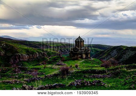 Sunset view to Vahramashen Church aka amberd church in Armenia
