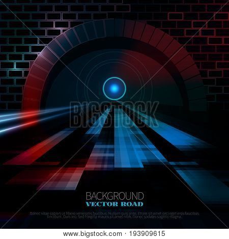 Vector background with a blurry road going to the tunnel through a brick arch.Abstract image of speed motion on the road at night time.
