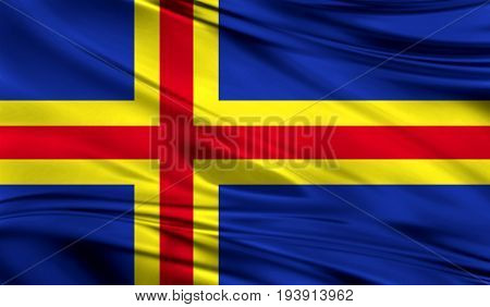 Realistic flag of Flag of Aland on the wavy surface of fabric. This flag can be used in design
