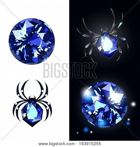 Sapphire Spider and sapphire gems on black and white background with glimpses. Vector illustartion