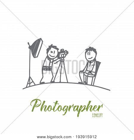 Photographer concept. Hand drawn photographer working with model in studio. Photo session isolated vector illustration.