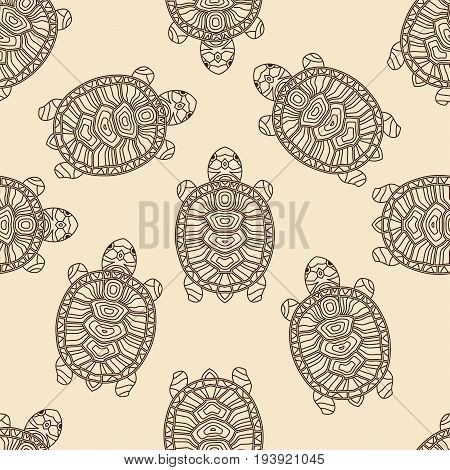 Seamless vector pattern with turtles. Hand painted tribal styled tortoises.