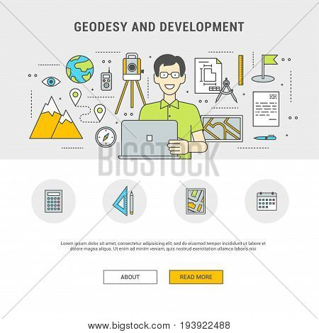 Conceptual vector set of outline flat design. Preparation of geodesy and development. The developer is man with tools and objects. For printing, web site and applications