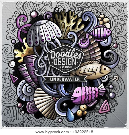 Undersea life cartoon vector doodle illustration. Colorful detailed design with lot of objects and symbols. All elements separate
