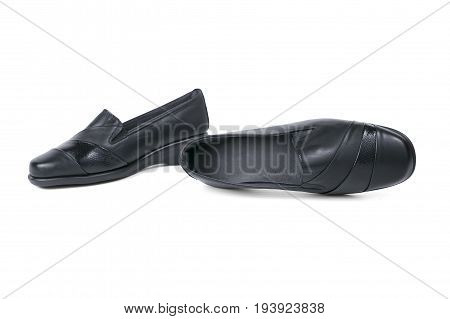 Female Black Shoes on White Background, Isolated Product, Top View, Studio.
