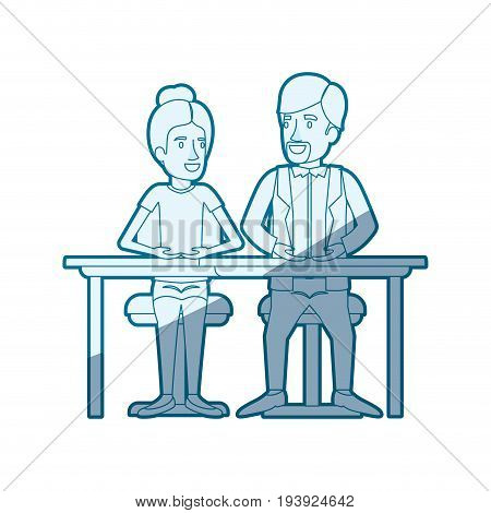 blue shading silhouette of teamwork of woman and man sitting in desk and her with collected hair and him in casual clothes with van dyke beard vector illustration
