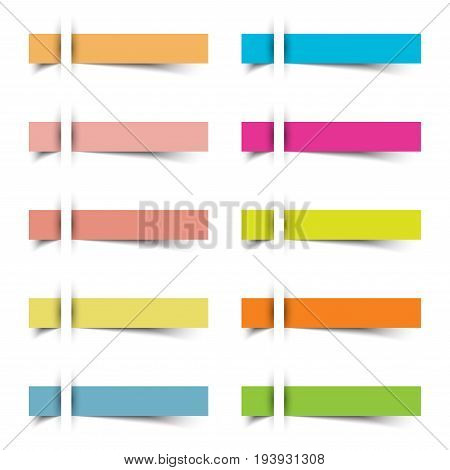 10 Colorful Blank Sharp Rectangles Sticky Notes. They Are Inserted To A White Paper With Shadow Beneath The Sheets. Useful For Business Memorandum Education And Other Notifications On A Board.