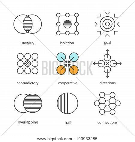 Abstract symbols linear icons set. Merging, isolation, goal, contradictory, cooperative, directions, overlapping, half, connections. Thin line contour symbols. Isolated vector outline illustrations