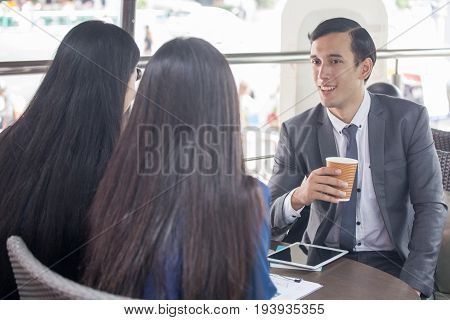 Business Sitting And Talking With Customer Project Business Meeting Concept.