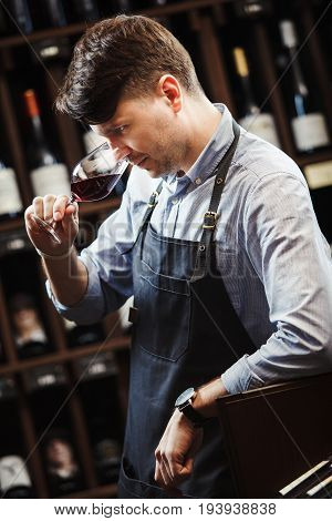 Sommelier smelling flavor of red wine in bokal on background of shelves with bottles in cellar. Male appreciating color, quality and sediments of drink. Professional degustation expert in winemaking.