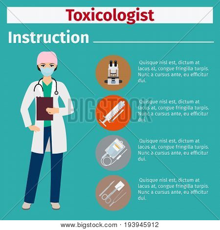 Medical equipment instruction manuals with icons for toxicologist. Vector illustration