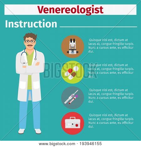 Medical equipment instruction manuals with icons for venereologist. Vector illustration