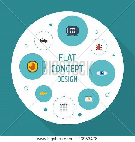 Flat Icons Armored Car, Clue, Lock And Other Vector Elements. Set Of Procuring Flat Icons Symbols Also Includes Gloves, Vault, Eye Objects.
