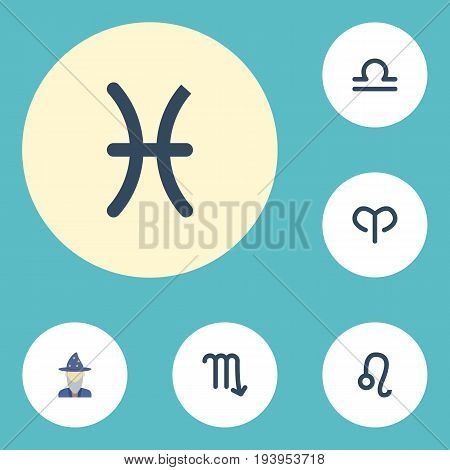 Flat Icons Ram, Scales, Augur And Other Vector Elements. Set Of Galaxy Flat Icons Symbols Also Includes Pisces, Astrologer, Leo Objects.