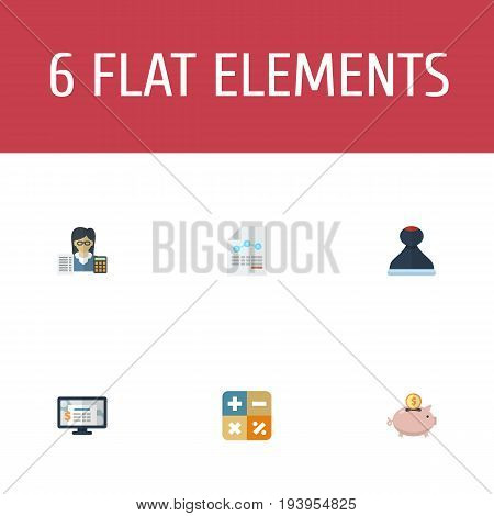 Flat Icons Paper, Accounting System, Moneybox And Other Vector Elements. Set Of Accounting Flat Icons Symbols Also Includes Algebra, Software, Math Objects.
