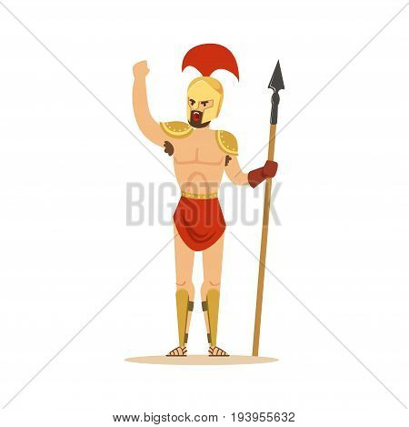 Warrior character, naked man in a helmet and a loincloth holding a long spear vector Illustration isolated on a white background