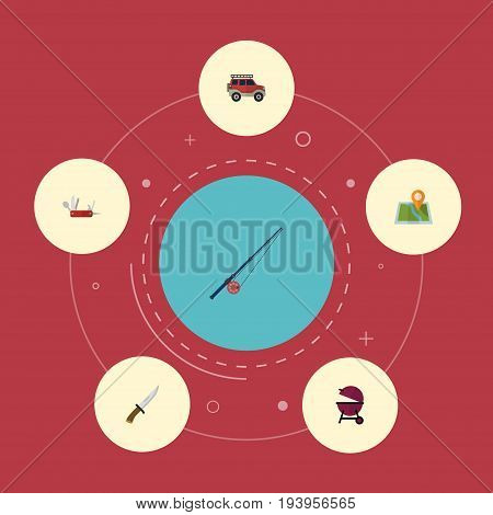 Flat Icons Suv, Penknife, Location And Other Vector Elements. Set Of Camping Flat Icons Symbols Also Includes Fish, Bbq, Map Objects.
