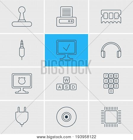 Vector Illustration Of 12 Notebook Icons. Editable Pack Of Memory Chip, Objective, Socket And Other Elements.