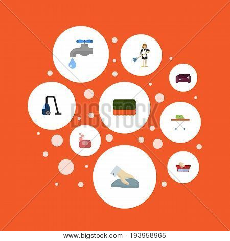 Flat Icons Faucet, Towel, Clothes Washing And Other Vector Elements. Set Of Cleaning Flat Icons Symbols Also Includes Wiping, Board, Furniture Objects.