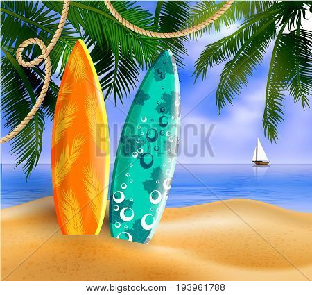 surfboards on a beach against a sunny seascape and palms Vector