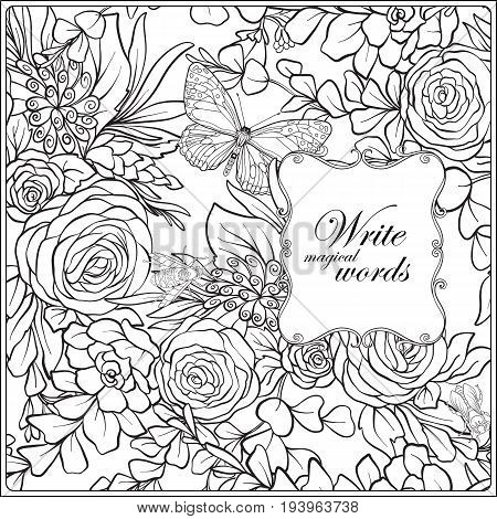 Floral pattern with butterflies and bees in realistic botanical style with place for text. Stock vector illustration. Outline hand drawing coloring page for adult coloring book.