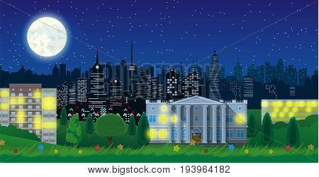 Modern city view in night. Cityscape with office and residental buildings, city park with trees and flowers, sky, moon and stars. Vector illustration in flat style
