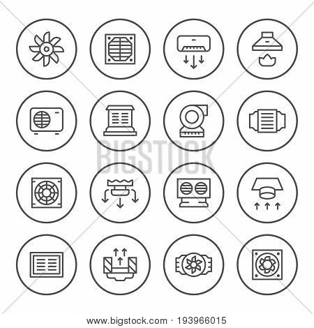 Set round line icons of ventilation isolated on white. Vector illustration