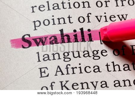 Fake Dictionary Dictionary definition of the word Swahili. including key descriptive words.