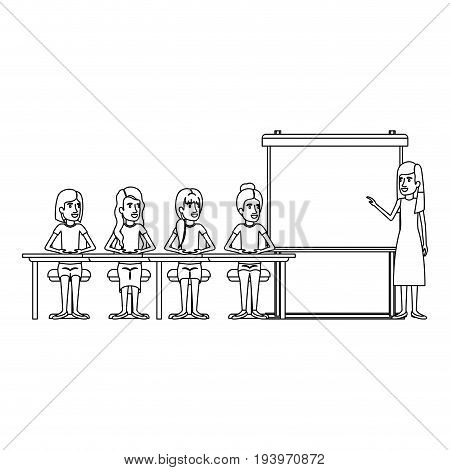 monochrome background with women group sitting in a desk for executive female in presentacion business people vector illustration