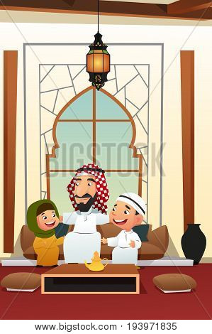 A vector illustration of Muslim Arabian Man with His Children