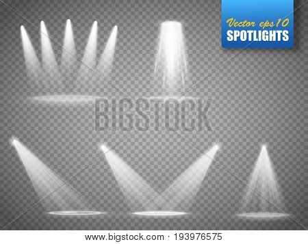 Set of vector isolated spotlights. Stage light on transparent background.
