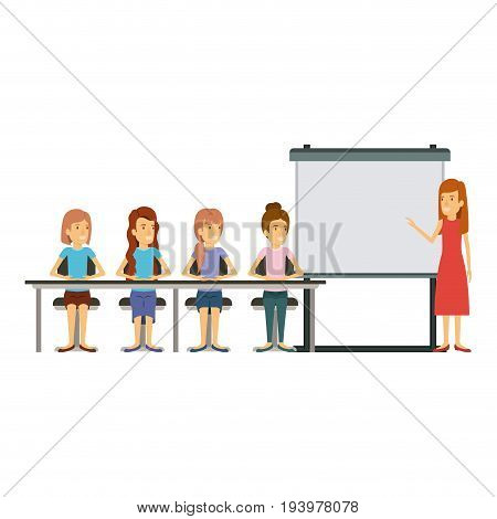 white background with women group sitting in a desk for executive female in presentacion business people vector illustration