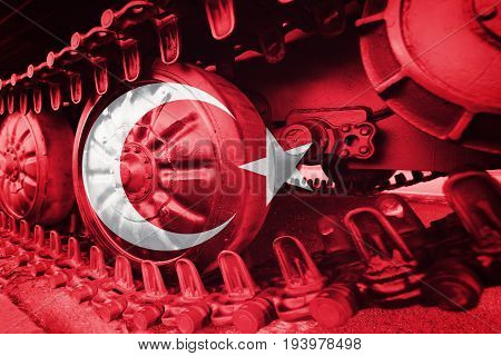 Military Tank Close-up Caterpillar Track With Turkish Flag Background.