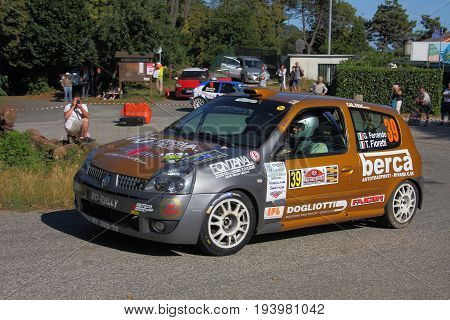 La Spezia Italia - July 2 2017 -Rally Gulf of Poets: Renault Clio Rs of the Ferrando-Fioretti crew during the first special race speed test.