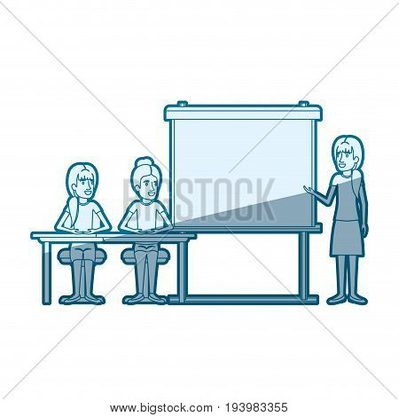 blue color silhouette shading with pair of women sitting in a desk for female executive orator in presentacion business people vector illustration