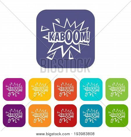 Kaboom, explosion icons set vector illustration in flat style In colors red, blue, green and other
