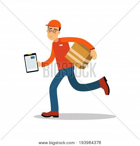 Smiling delivery man running with cardbox, courier in uniform at work cartoon character vector Illustration isolated on a white background